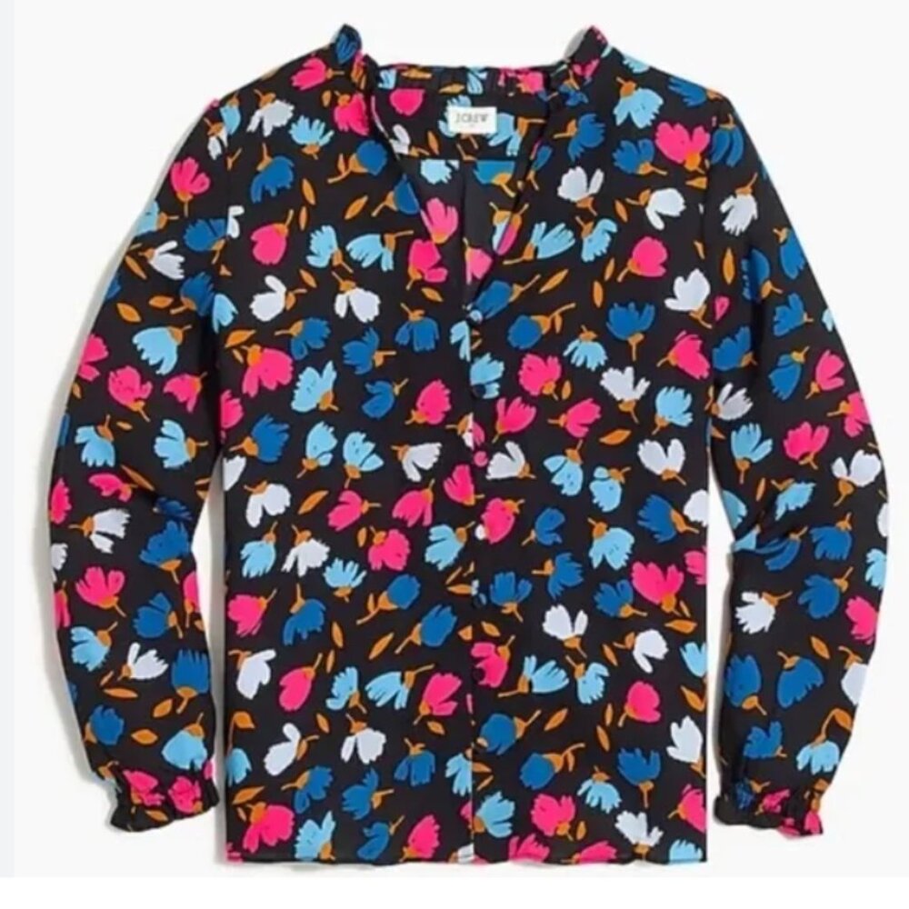 J. Crew Black Floral Button-Front Blouse with Pink, Blue & White Blooms